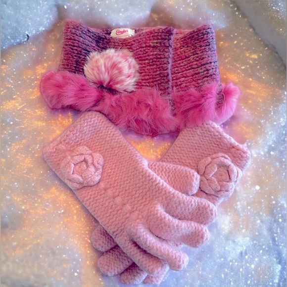 Candie's Accessories - Candies Pink Rosette Head/Neck scarf with Berkshire Fashion Knit Rosette Gloves